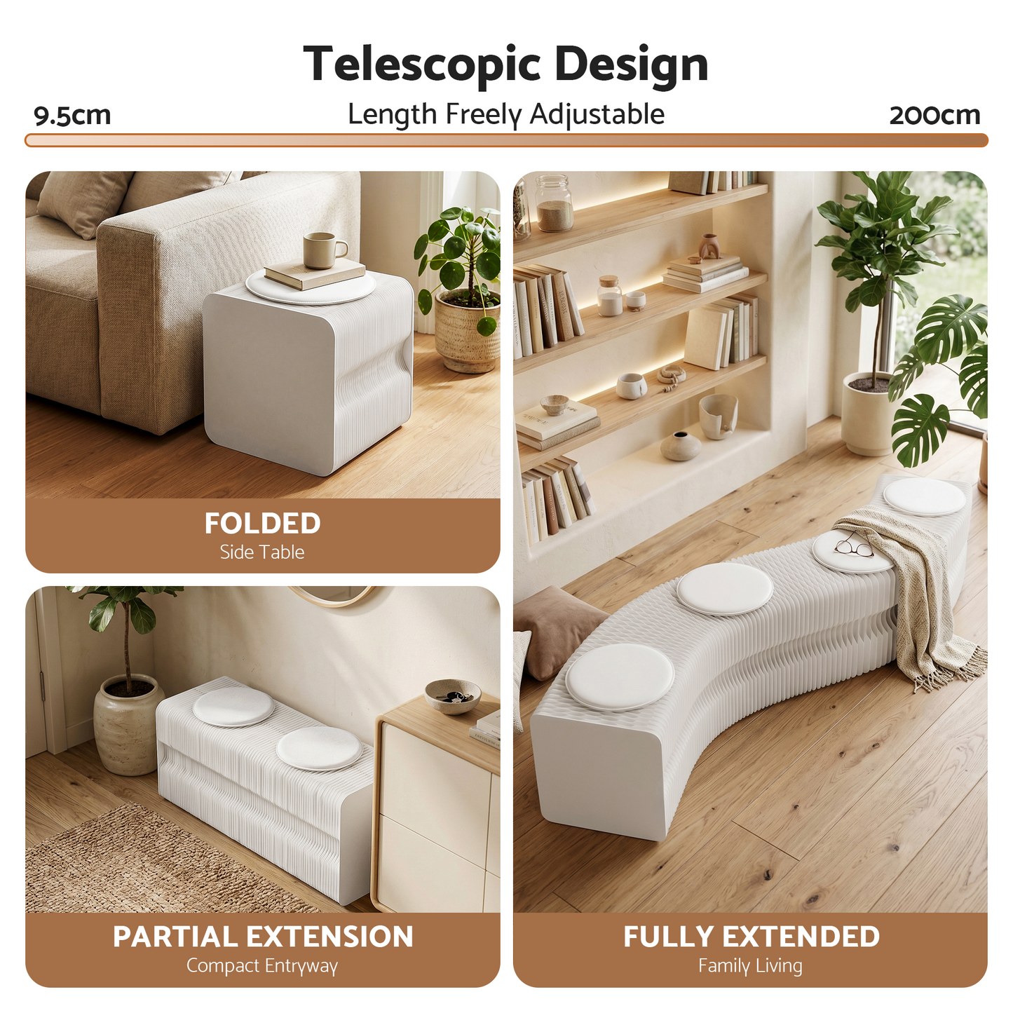 Folding Paper Bench With 4 PU Leather Seat Pads Expandable Accordion Stool For 4 Seats