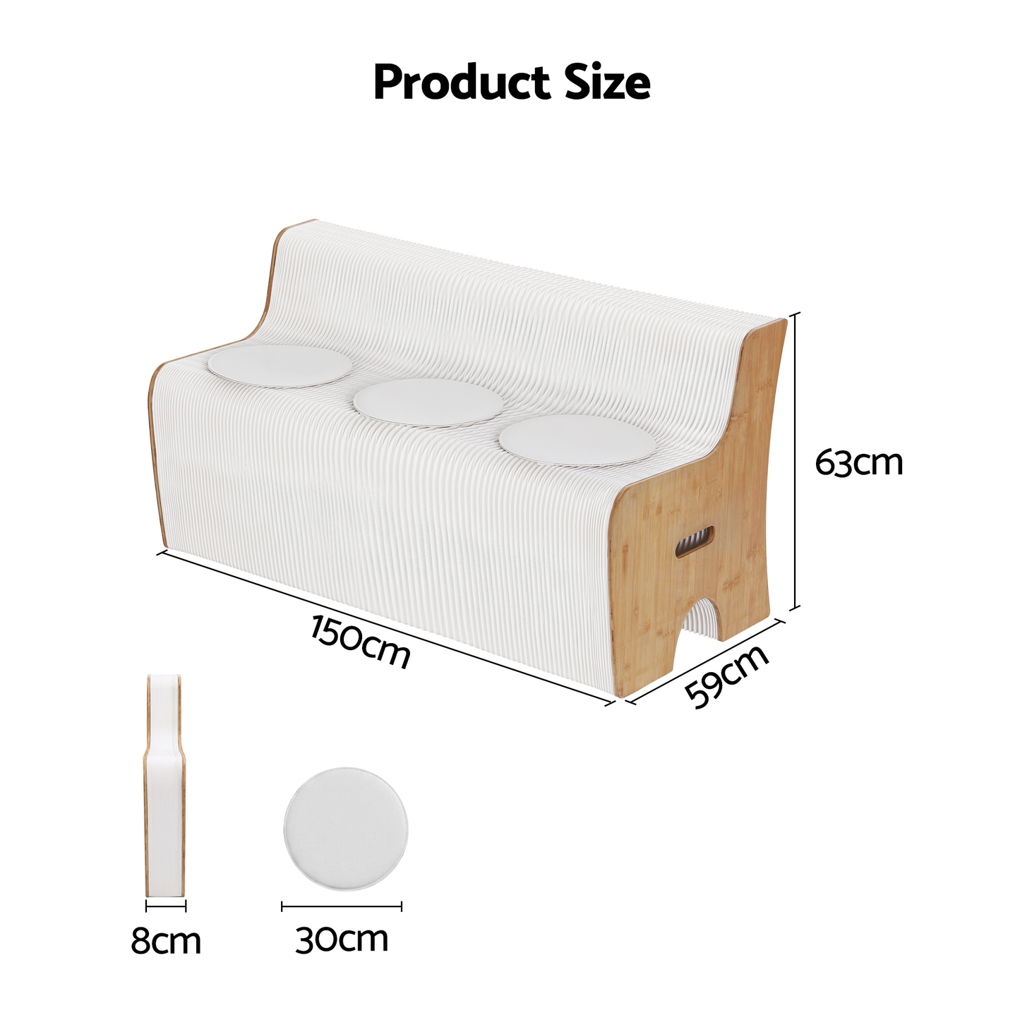Mara 3 Seater Folding Kraft Paper Sofa Accordion Bench with PU Leather Cushion - White and Wood