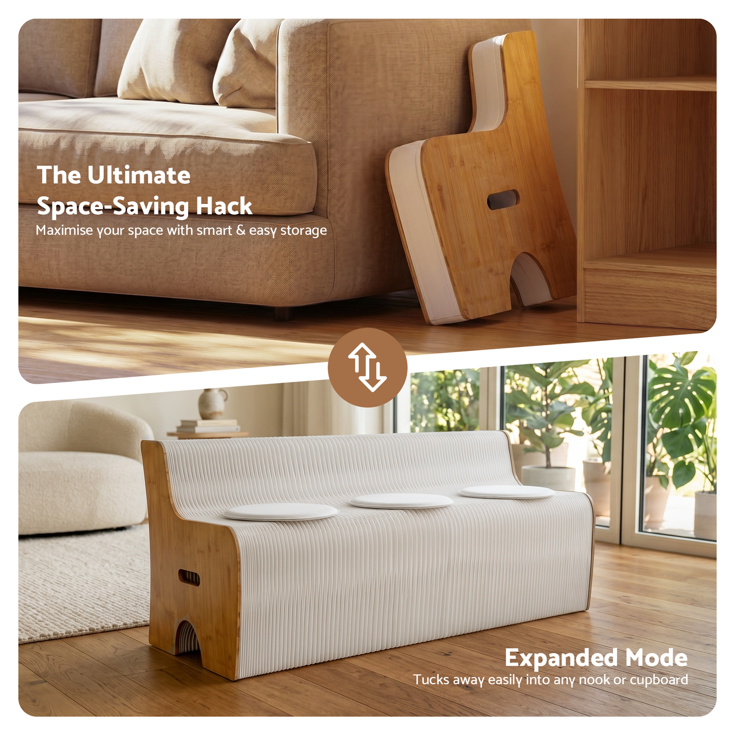 Mara 3 Seater Folding Kraft Paper Sofa Accordion Bench with PU Leather Cushion - White and Wood