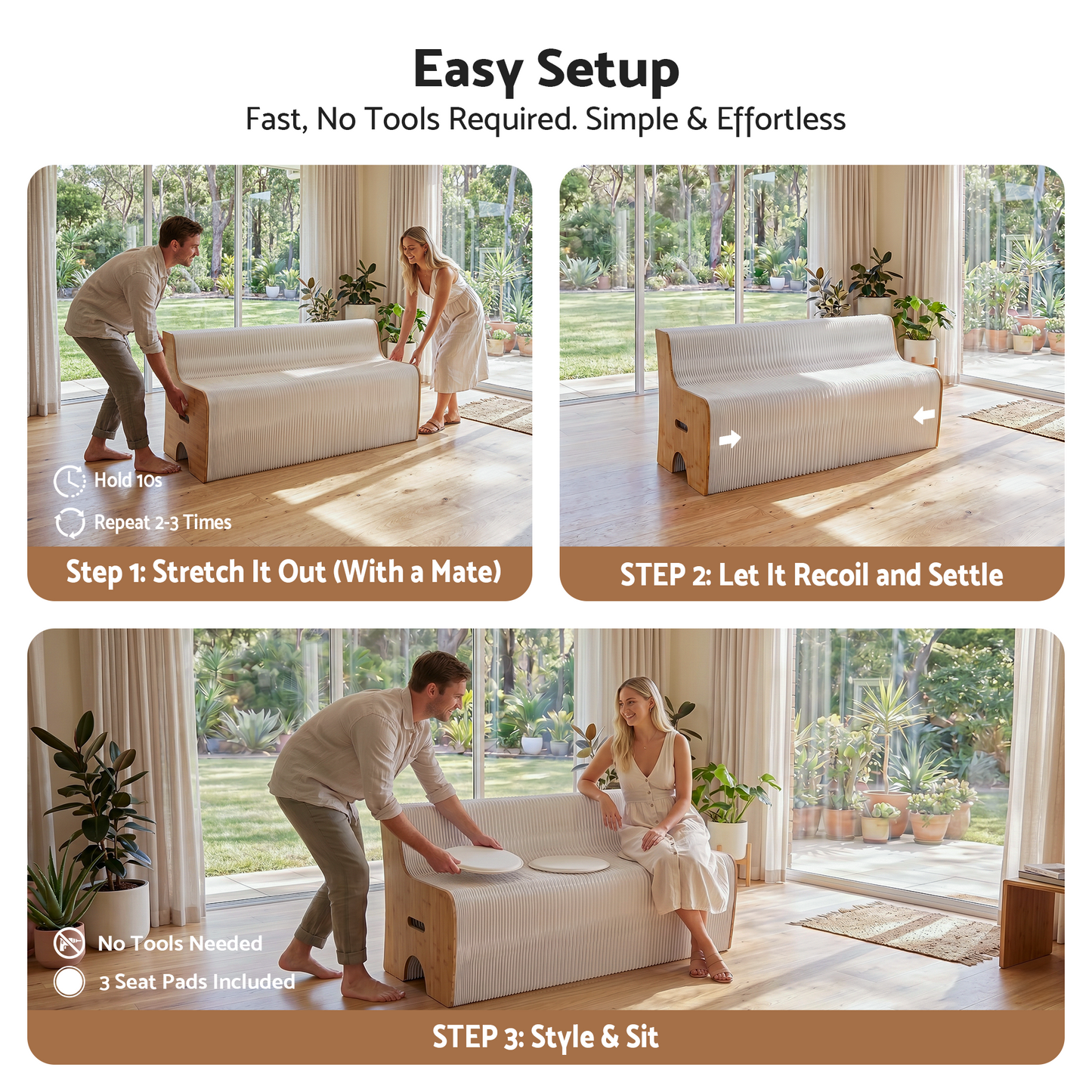 Mara 3 Seater Folding Kraft Paper Sofa Accordion Bench with PU Leather Cushion - White and Wood