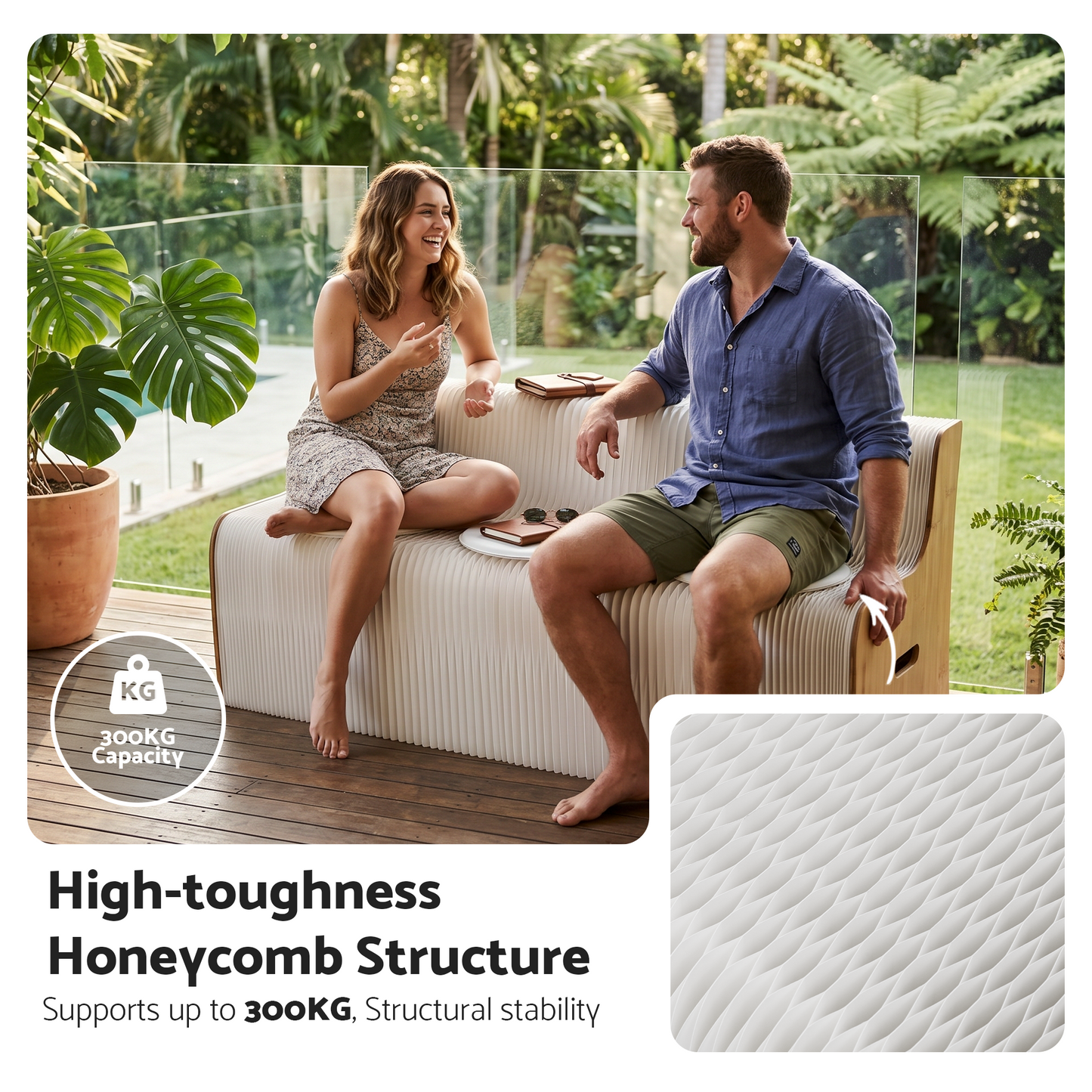 Mara 3 Seater Folding Kraft Paper Sofa Accordion Bench with PU Leather Cushion - White and Wood