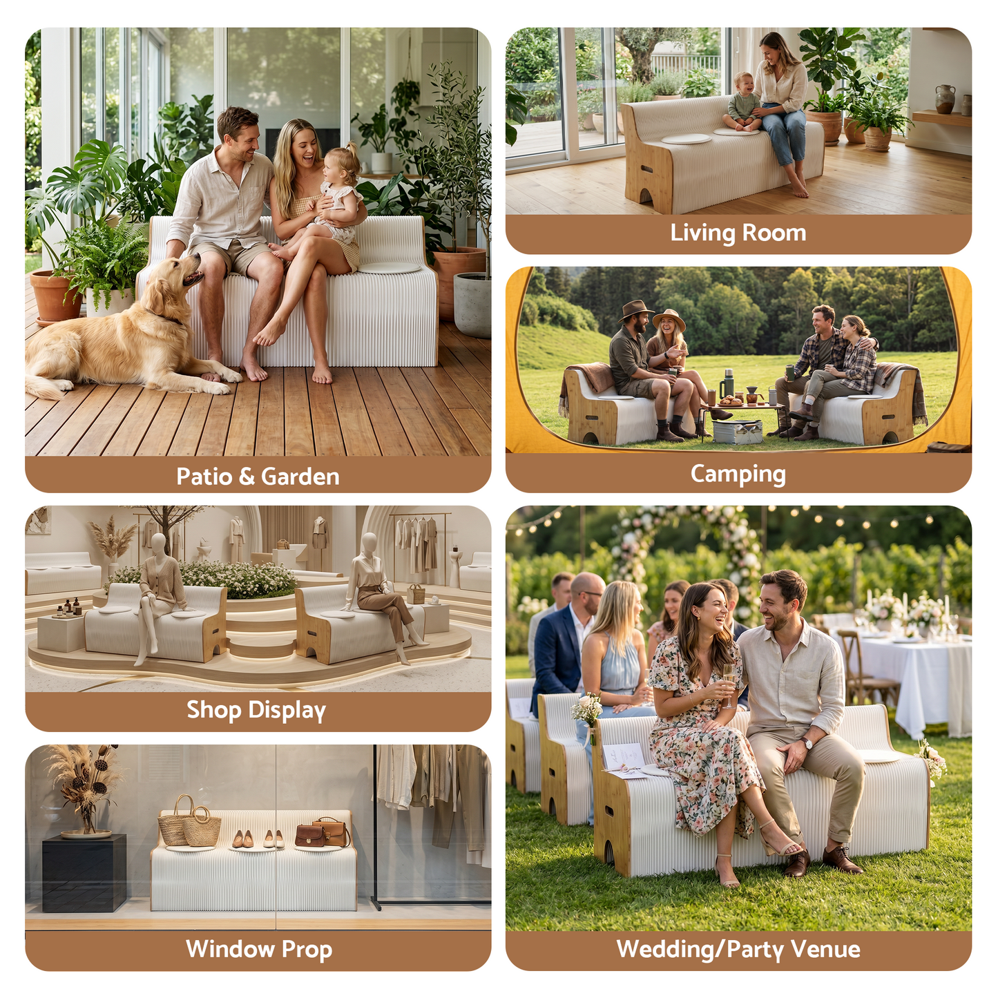 Mara 3 Seater Folding Kraft Paper Sofa Accordion Bench with PU Leather Cushion - White and Wood