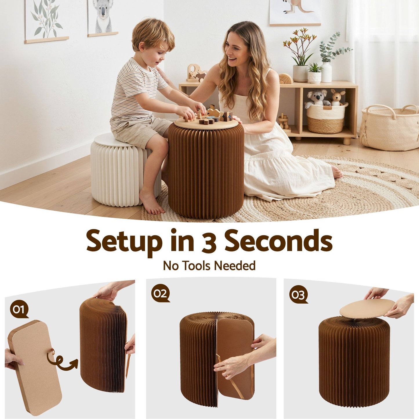 Accordion Folding Paper Stools Set Includes 2 Cushions Natural Kraft 100KG Capacity