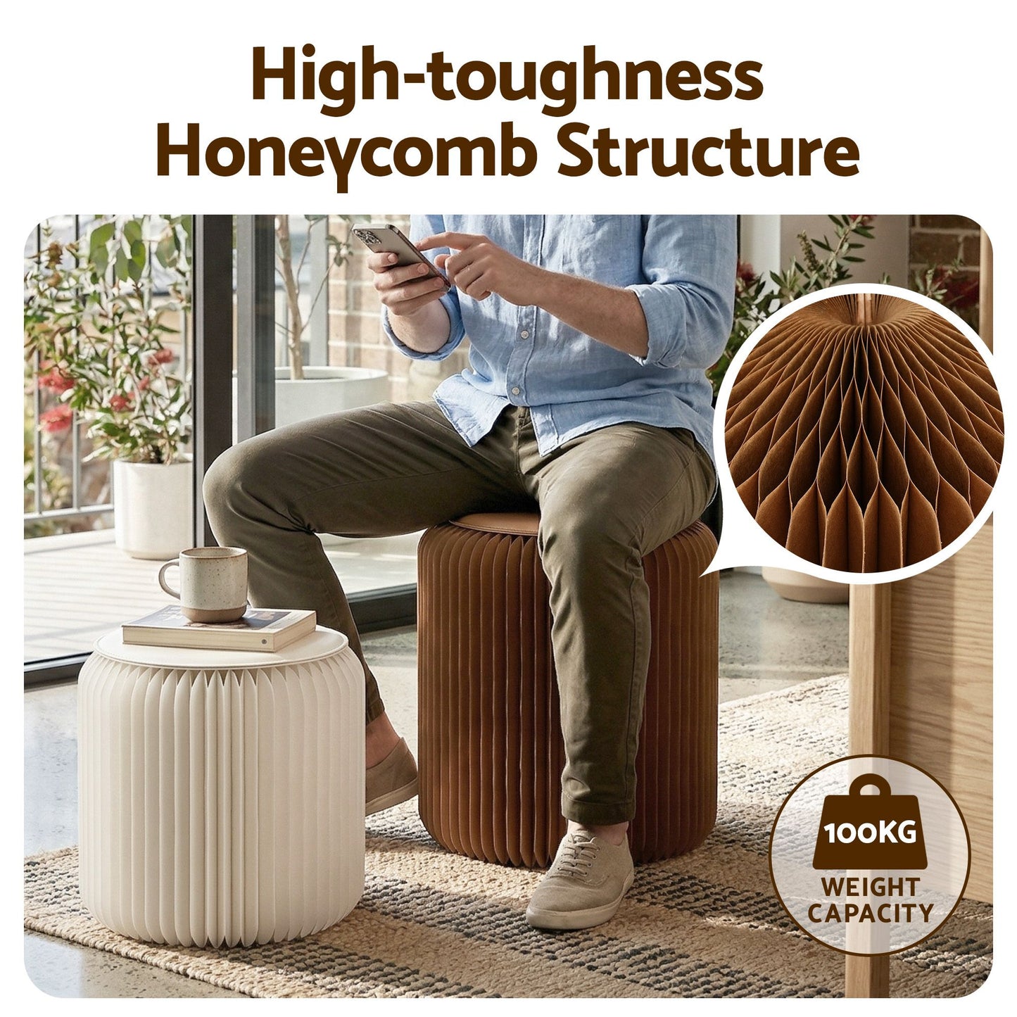 Accordion Folding Paper Stools Set Includes 2 Cushions Natural Kraft 100KG Capacity