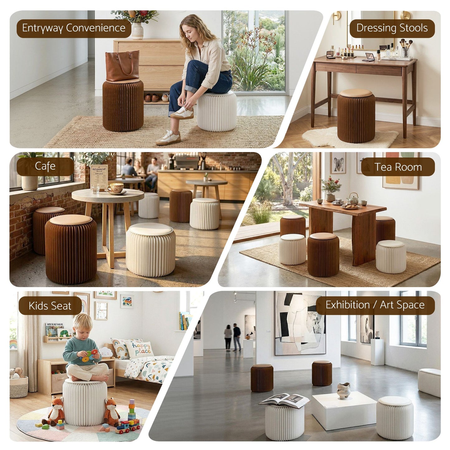 Accordion Folding Paper Stools Set Includes 2 Cushions Natural Kraft 100KG Capacity