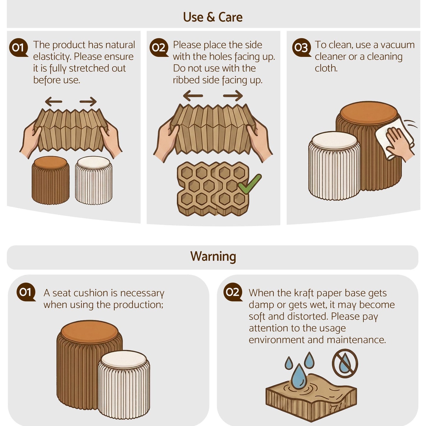Accordion Folding Paper Stools Set Includes 2 Cushions Natural Kraft 100KG Capacity