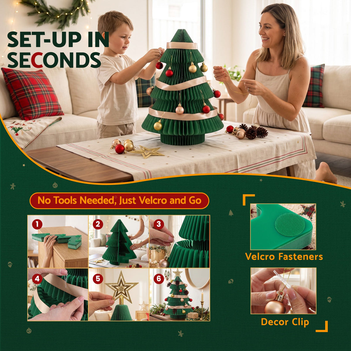 Paper Christmas Tree 47CM w/ Star Topper Xmas Decor Tabletop Green DIY Ornament Set