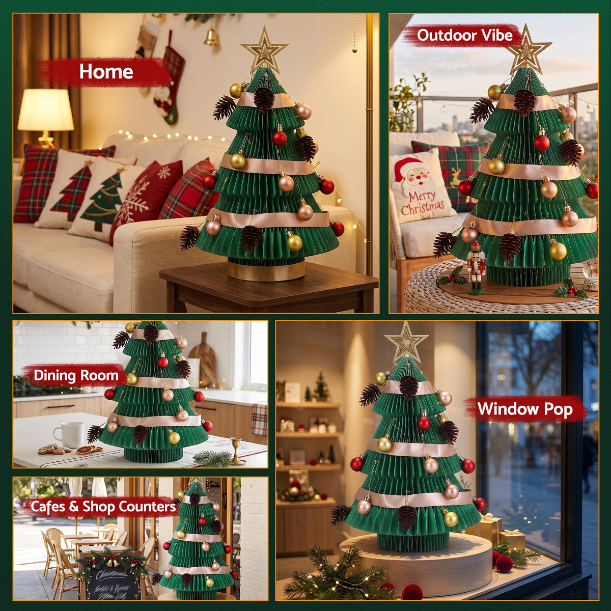 Paper Christmas Tree 47CM w/ Star Topper Xmas Decor Tabletop Green DIY Ornament Set