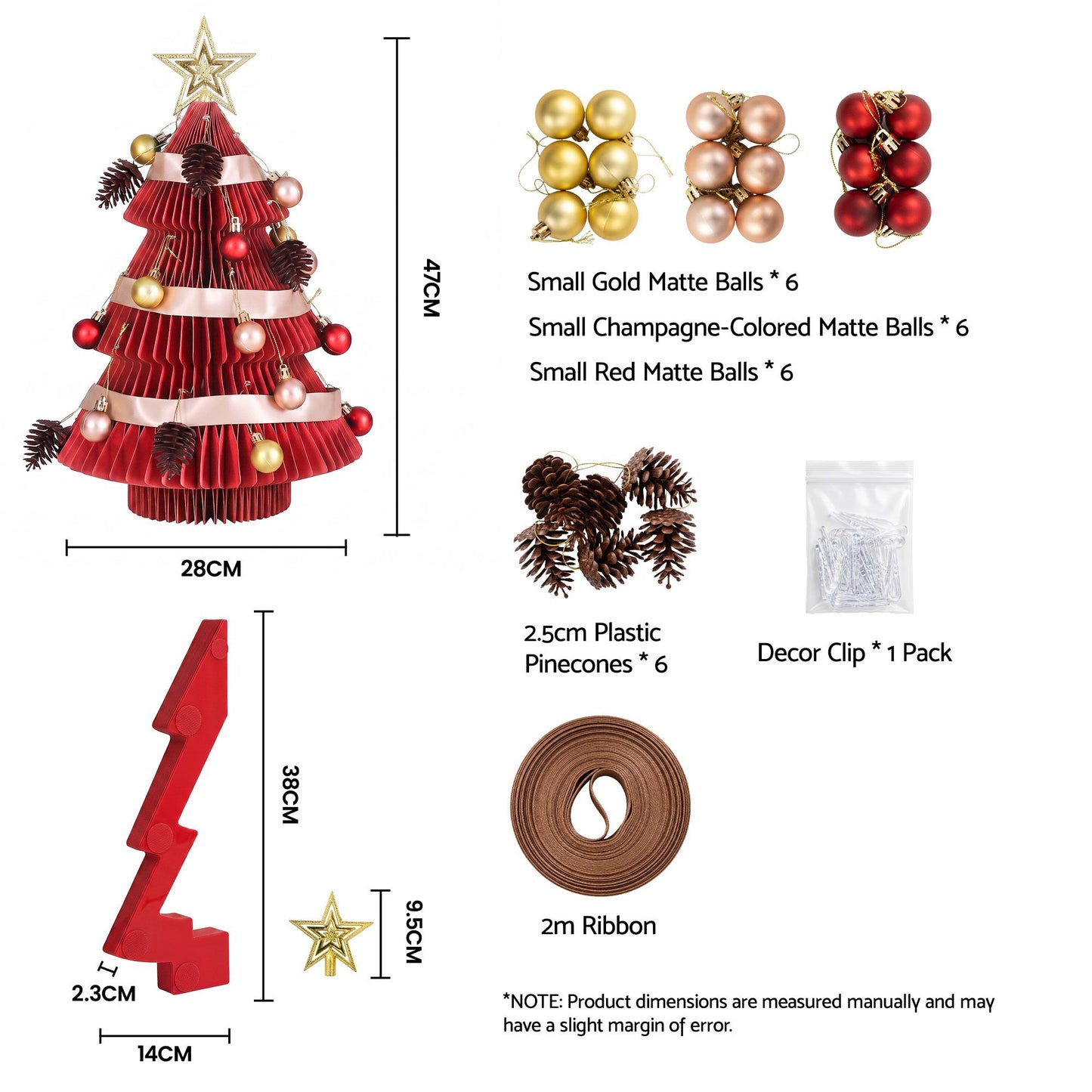 Paper Christmas Tree 47CM w/ Star Topper Xmas Decoration Tabletop Red DIY Ornament Set