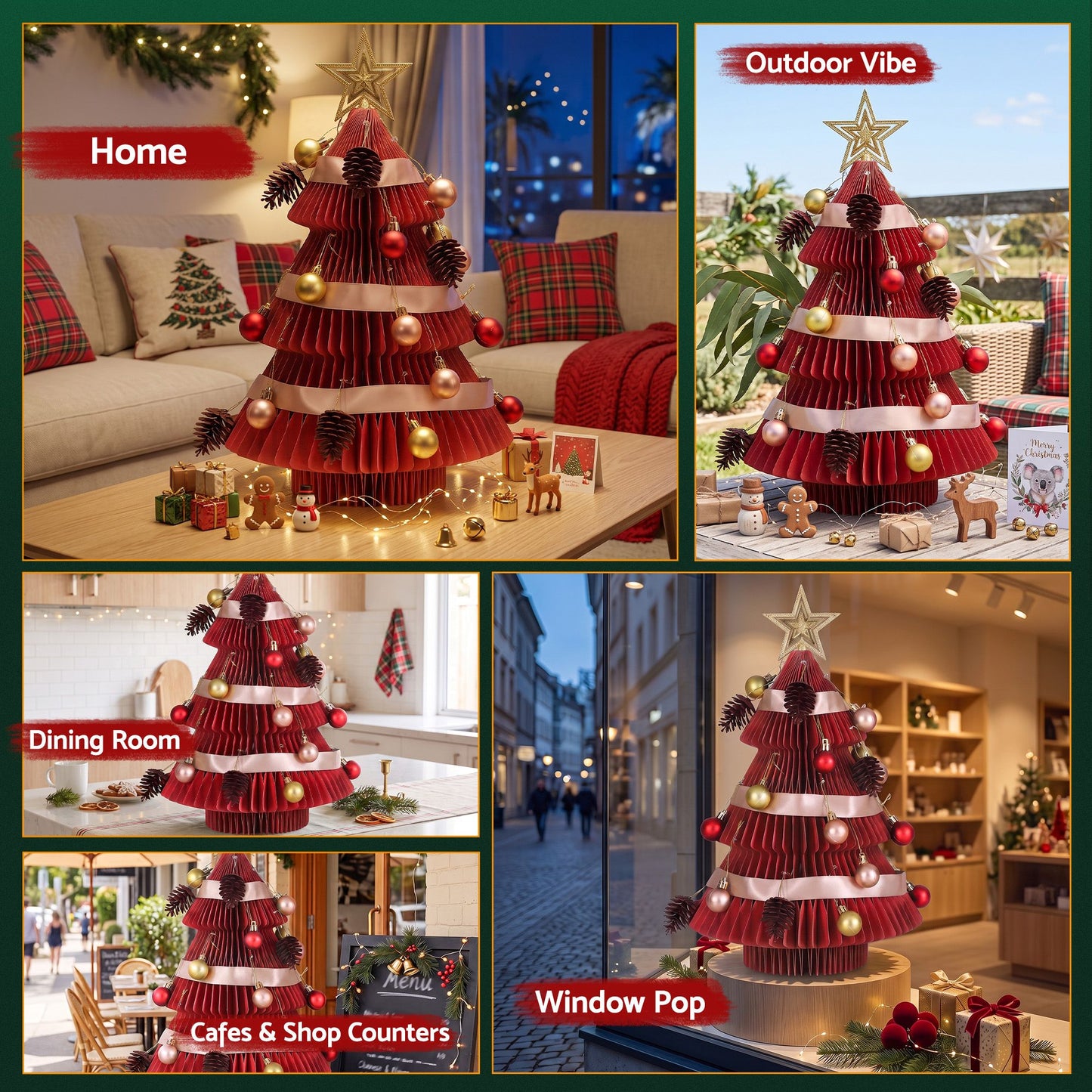 Paper Christmas Tree 47CM w/ Star Topper Xmas Decoration Tabletop Red DIY Ornament Set