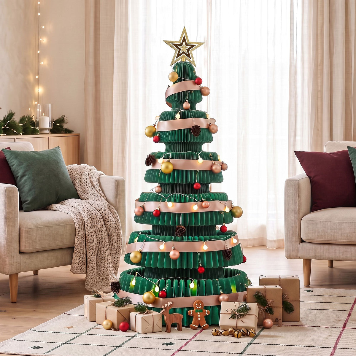 3.6ft 111cm Paper Christmas Tree with Star Topper LEDs Xmas Decorations Kit Green