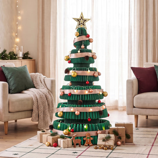 3.6ft 111cm Paper Christmas Tree with Star Topper LEDs Xmas Decorations Kit Green