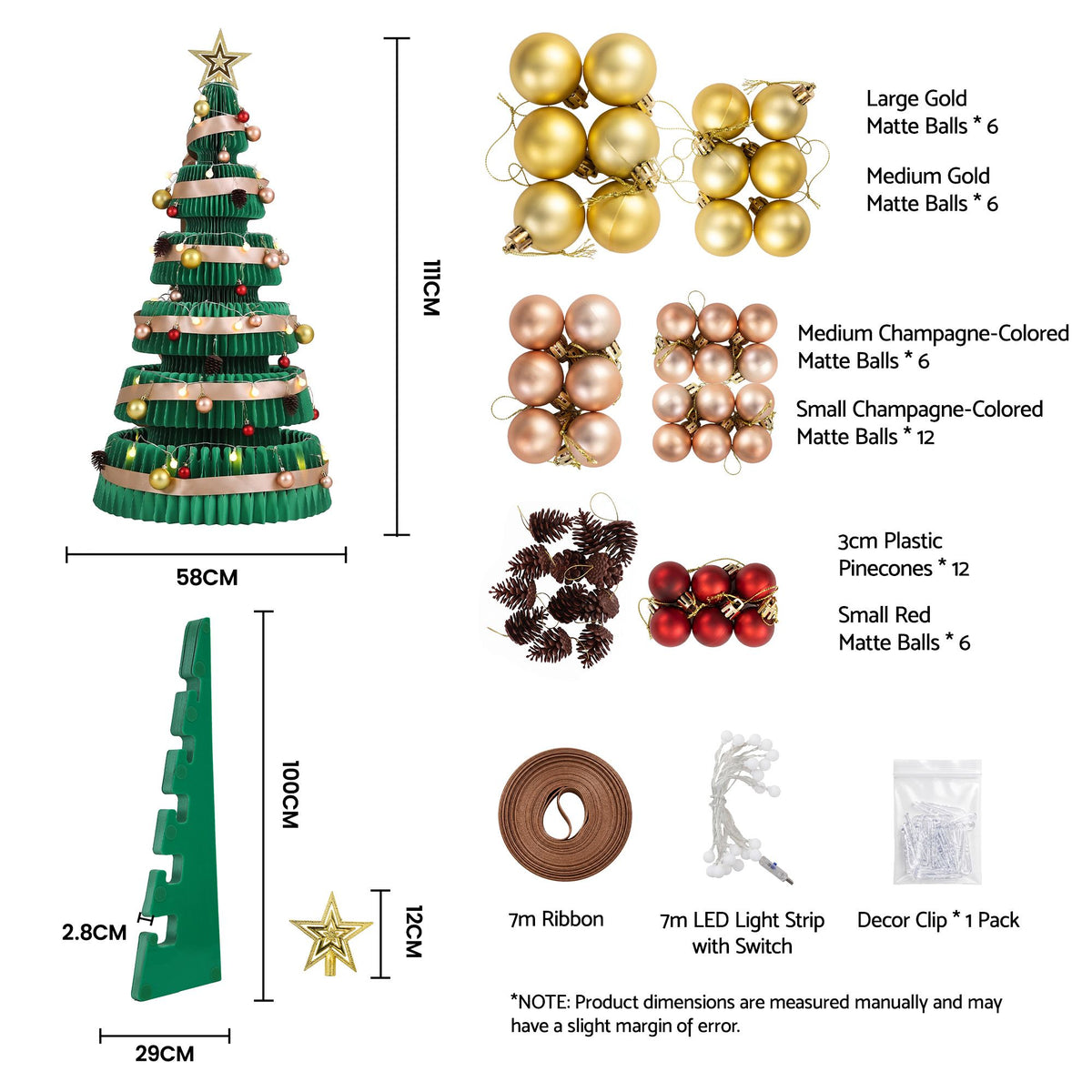 3.6ft 111cm Paper Christmas Tree with Star Topper LEDs Xmas Decorations Kit Green