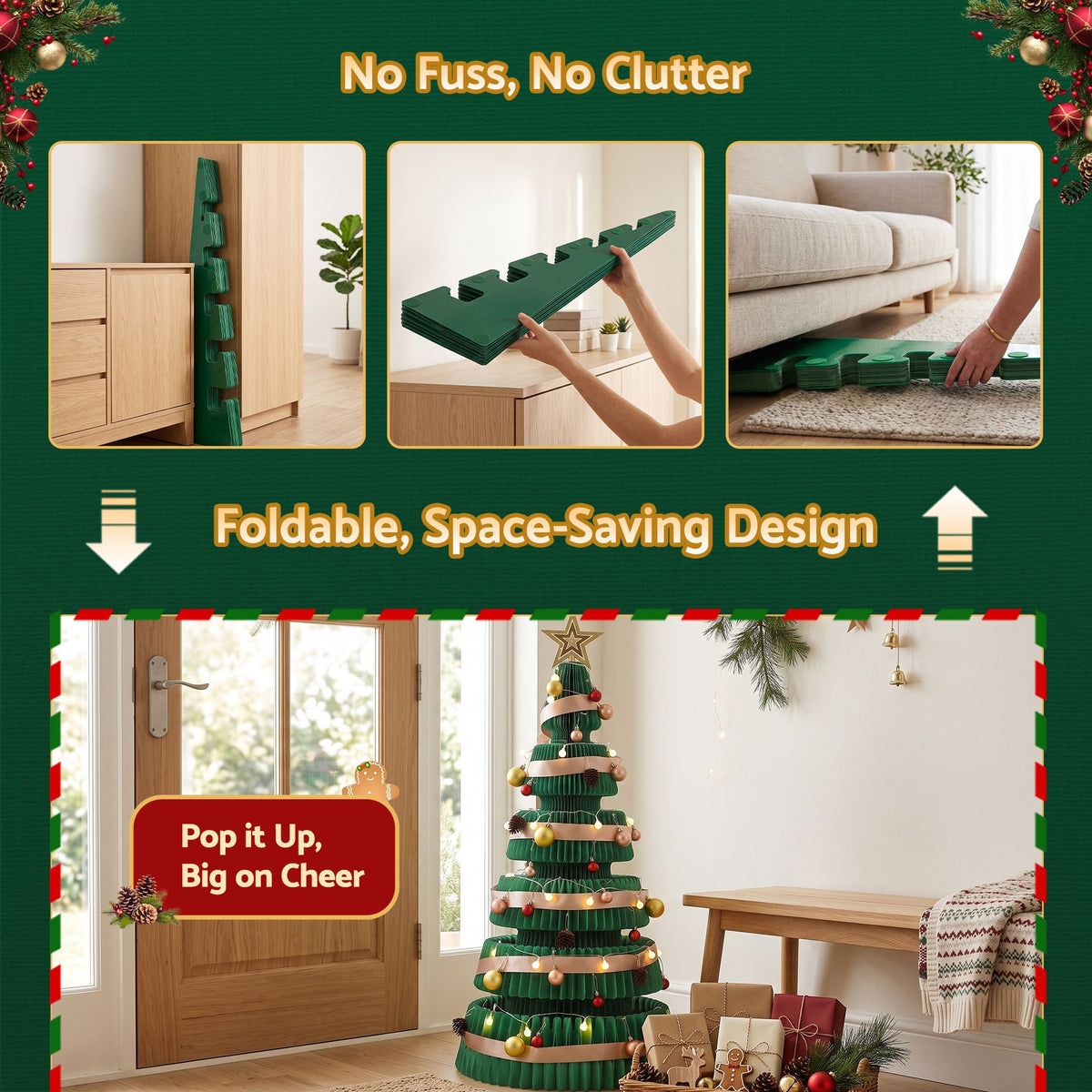 3.6ft 111cm Paper Christmas Tree with Star Topper LEDs Xmas Decorations Kit Green