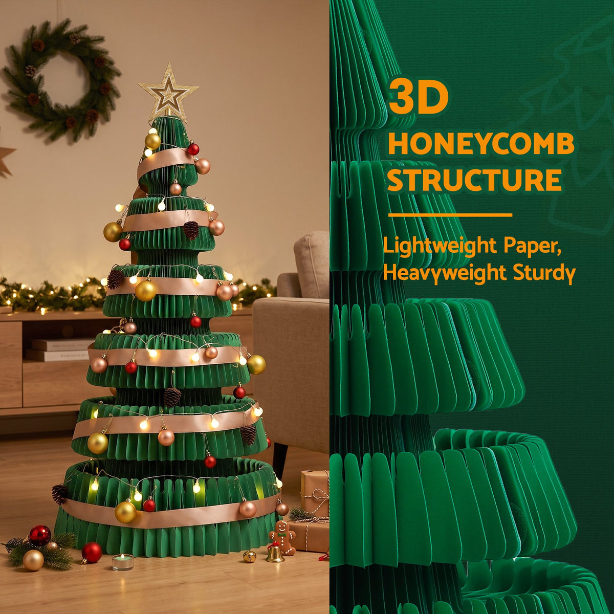 3.6ft 111cm Paper Christmas Tree with Star Topper LEDs Xmas Decorations Kit Green