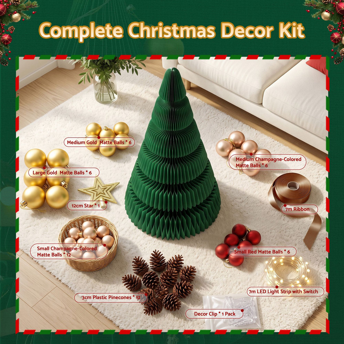 3.6ft 111cm Paper Christmas Tree with Star Topper LEDs Xmas Decorations Kit Green