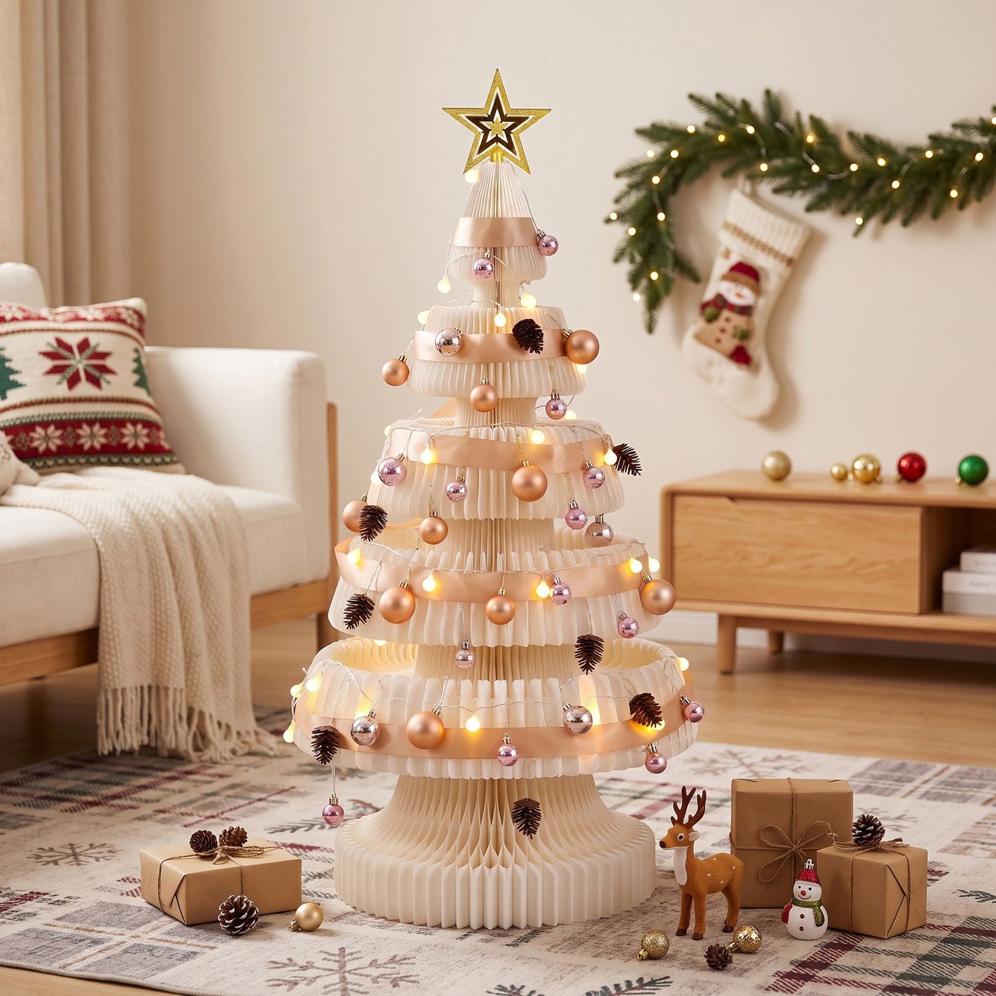 3.7ft 114cm Paper Christmas Tree with Star Topper LEDs Xmas Decorations Kit White