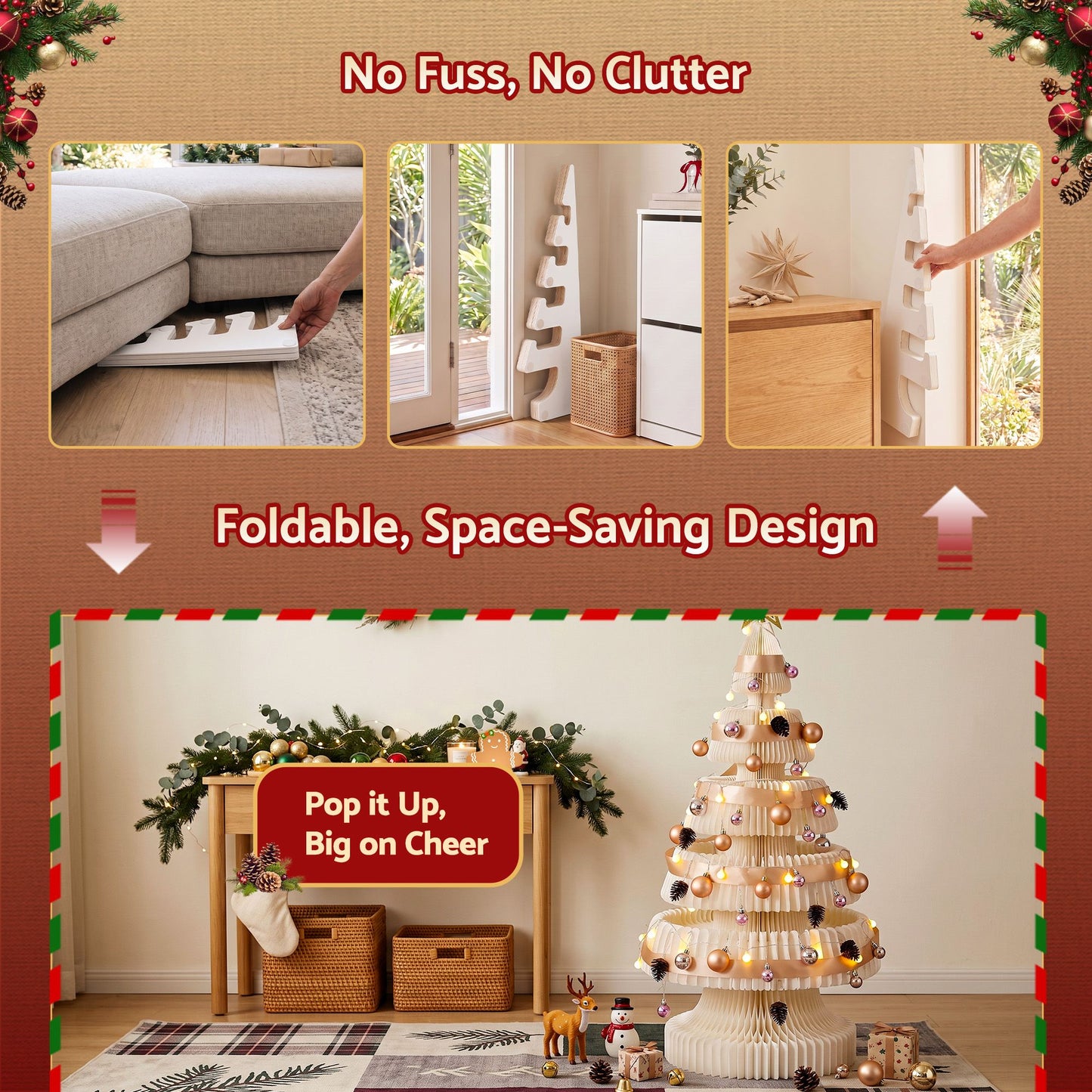 3.7ft 114cm Paper Christmas Tree with Star Topper LEDs Xmas Decorations Kit White