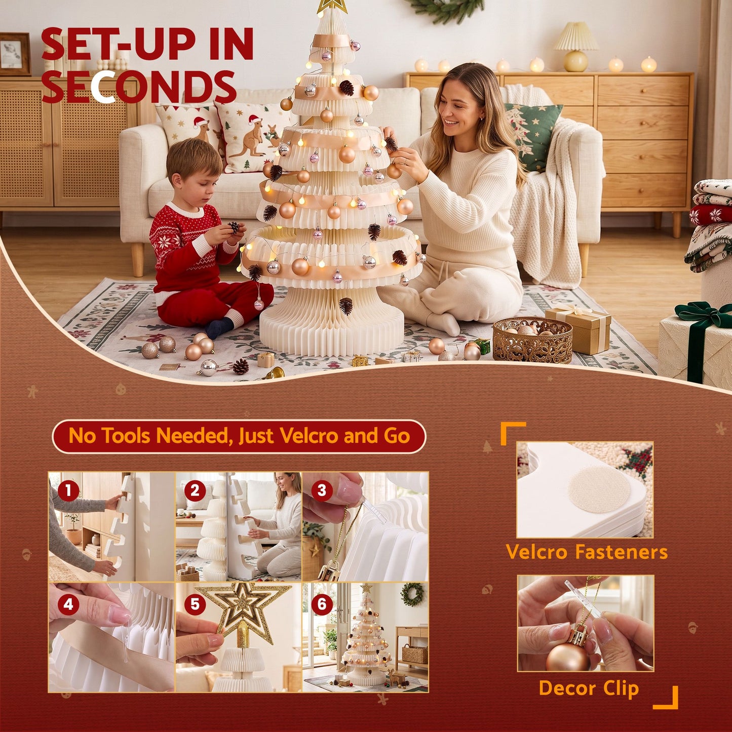 3.7ft 114cm Paper Christmas Tree with Star Topper LEDs Xmas Decorations Kit White