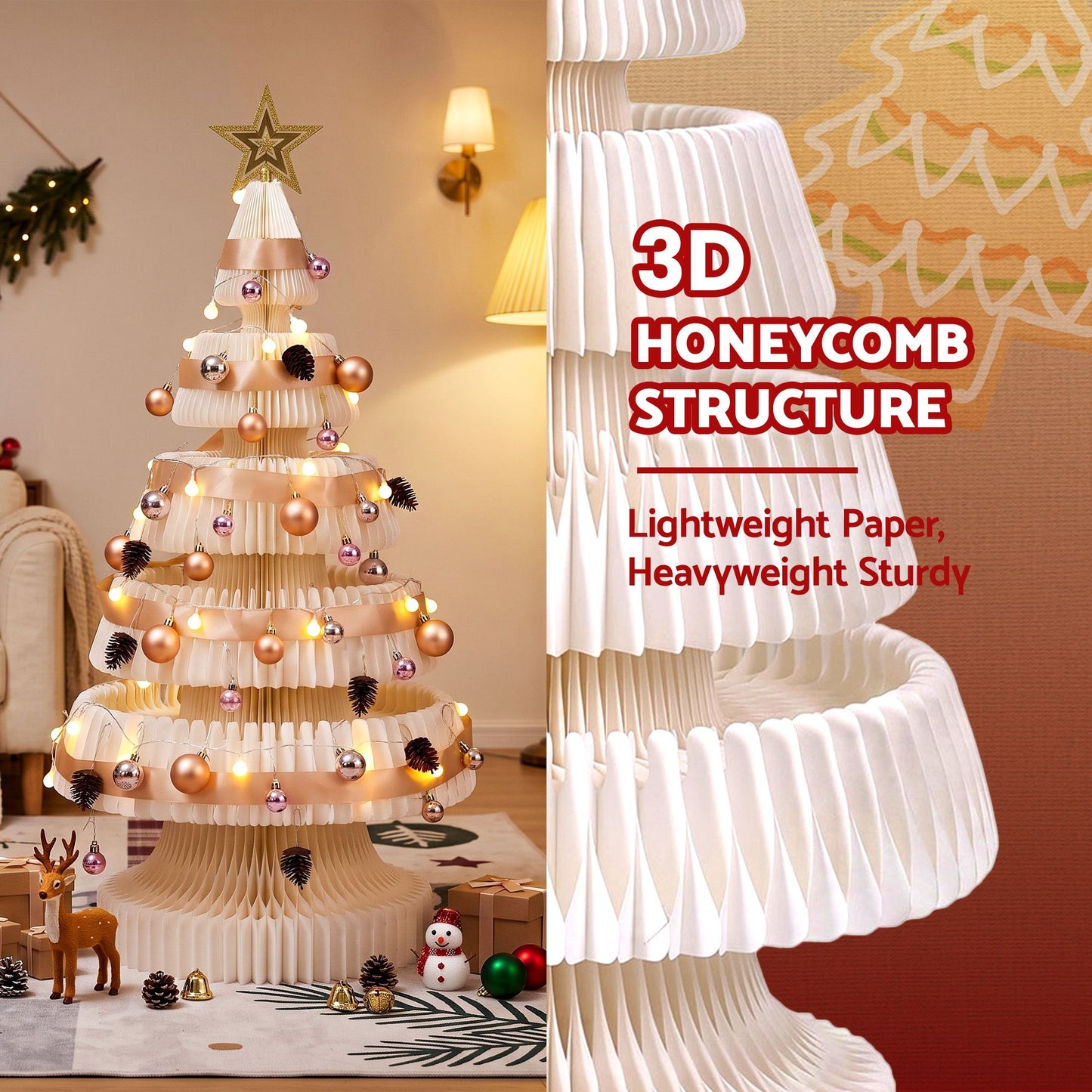 3.7ft 114cm Paper Christmas Tree with Star Topper LEDs Xmas Decorations Kit White