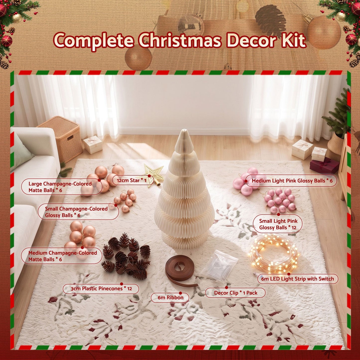 3.7ft 114cm Paper Christmas Tree with Star Topper LEDs Xmas Decorations Kit White