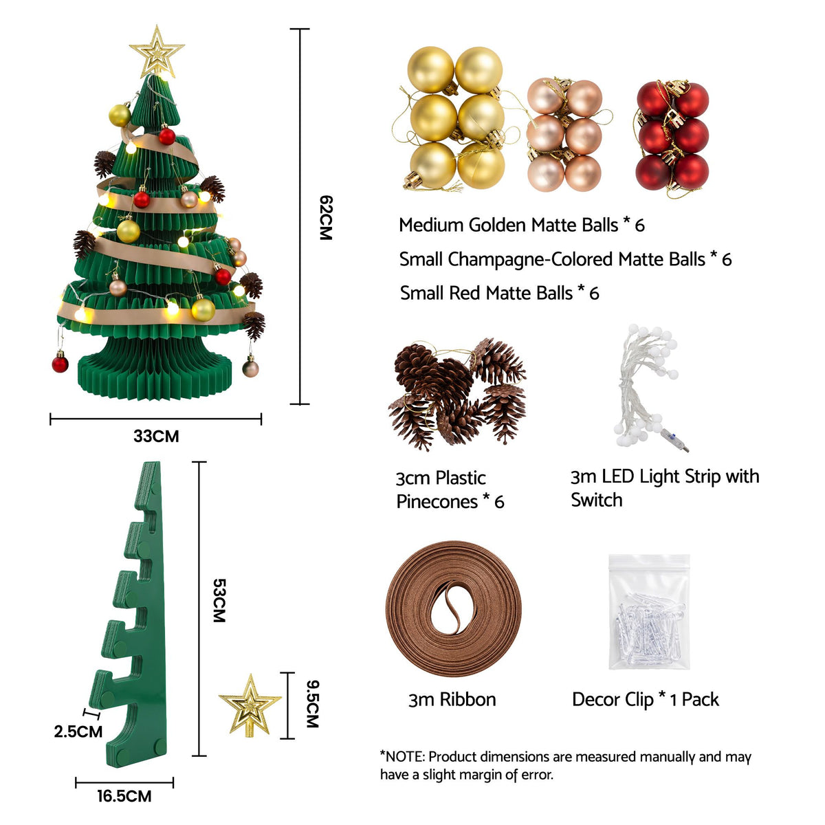 2ft 62cm Paper Christmas Tree with Star Topper LEDs Xmas Decorations Kit Green