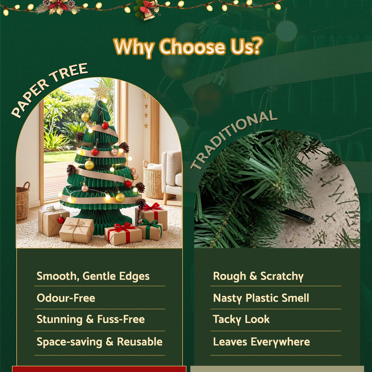 2ft 62cm Paper Christmas Tree with Star Topper LEDs Xmas Decorations Kit Green