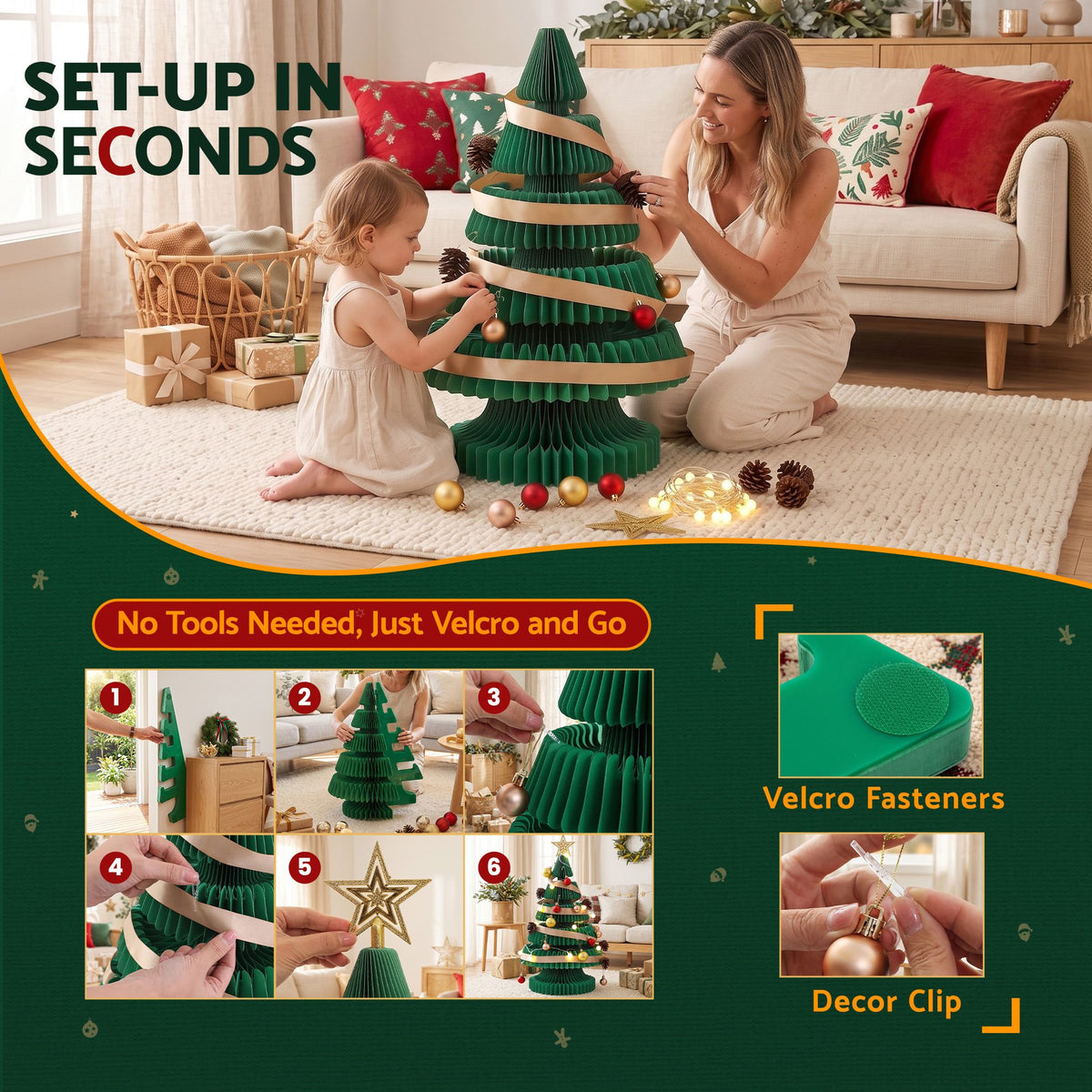2ft 62cm Paper Christmas Tree with Star Topper LEDs Xmas Decorations Kit Green