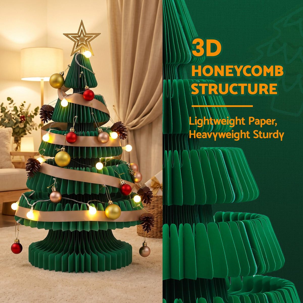 2ft 62cm Paper Christmas Tree with Star Topper LEDs Xmas Decorations Kit Green