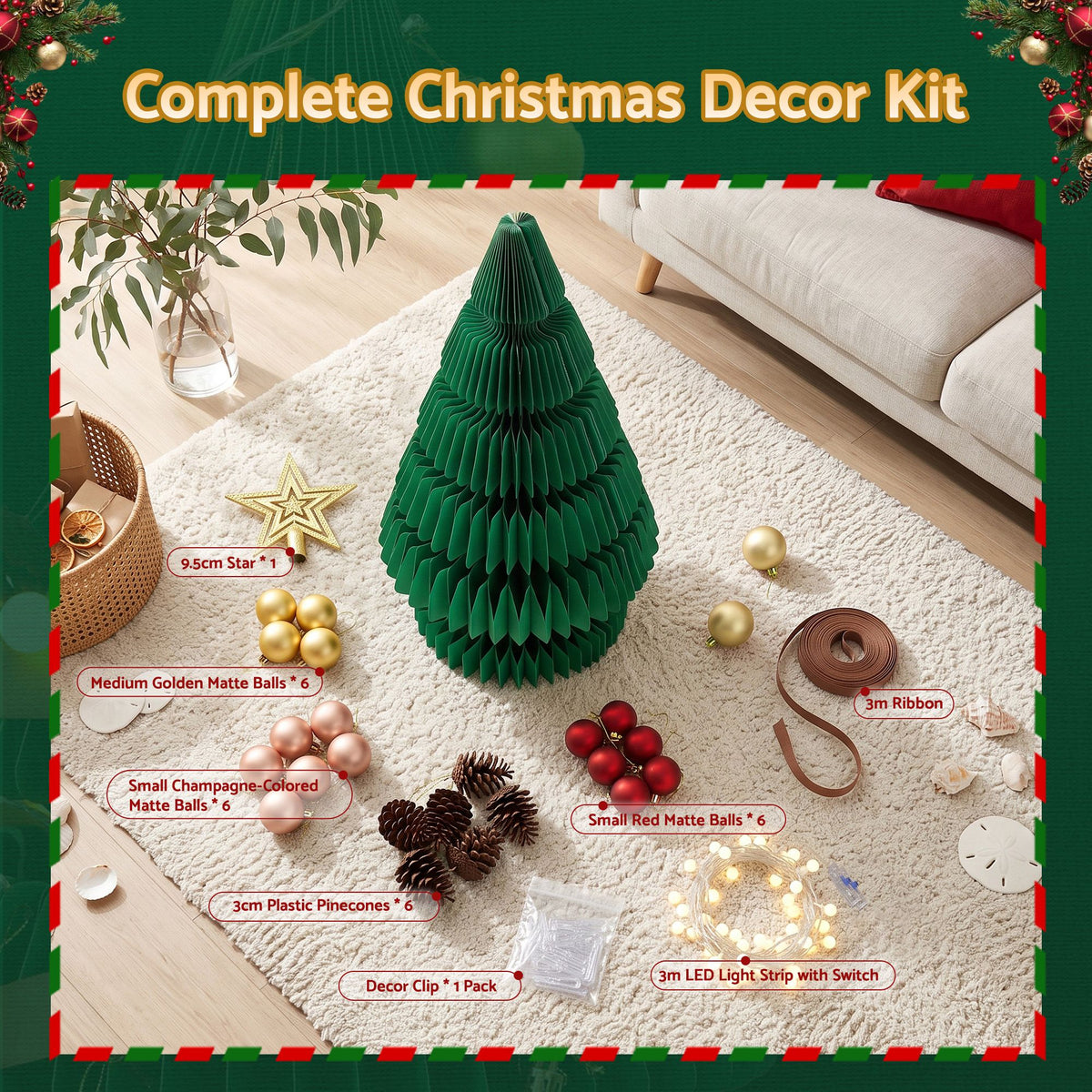 2ft 62cm Paper Christmas Tree with Star Topper LEDs Xmas Decorations Kit Green