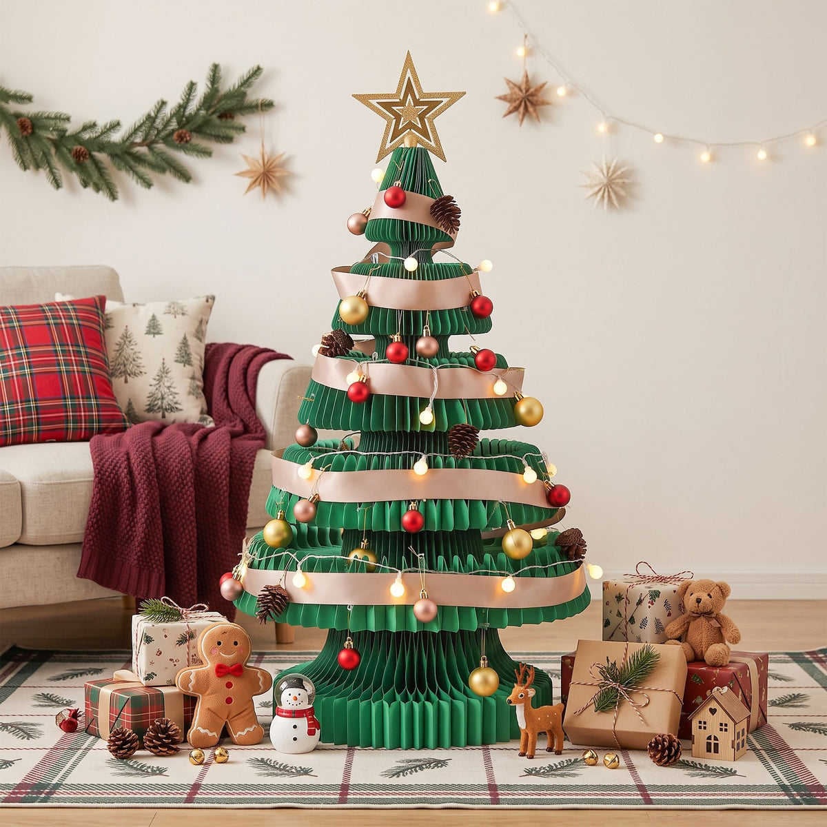 2.8ft 87cm Paper Christmas Tree with Star Topper LEDs Xmas Decorations Kit Green