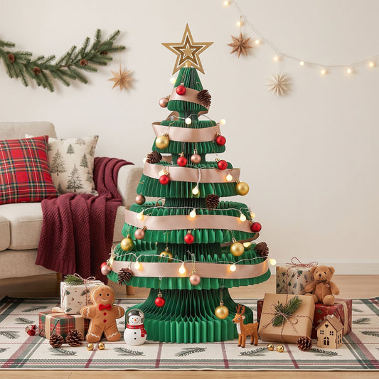 2.8ft 87cm Paper Christmas Tree with Star Topper LEDs Xmas Decorations Kit Green