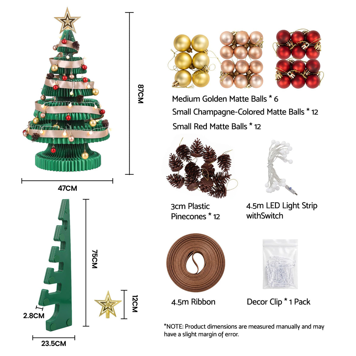 2.8ft 87cm Paper Christmas Tree with Star Topper LEDs Xmas Decorations Kit Green