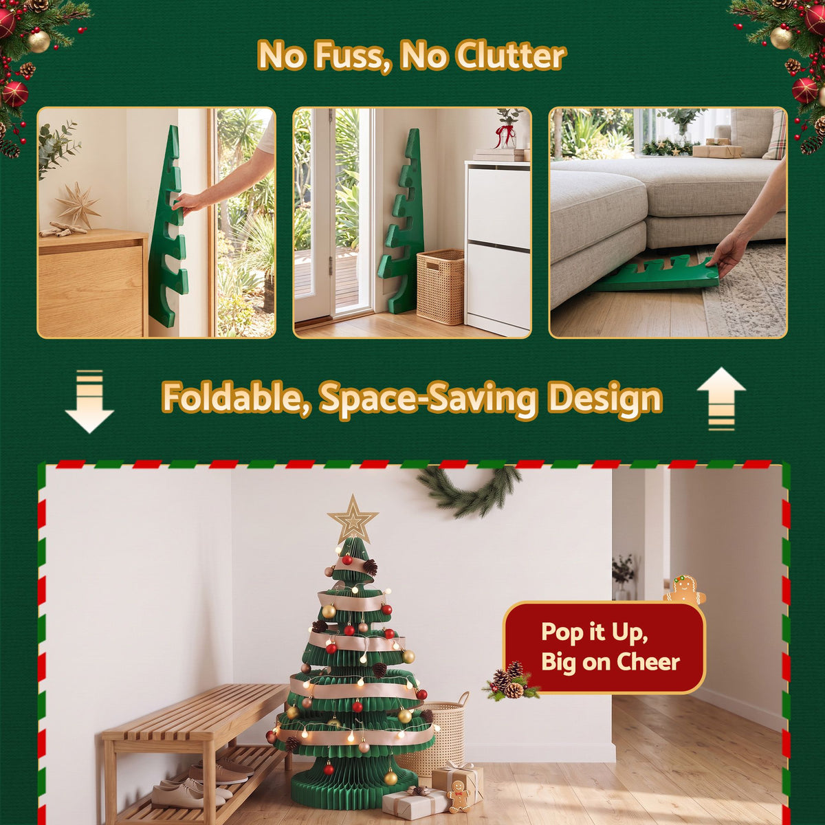 2.8ft 87cm Paper Christmas Tree with Star Topper LEDs Xmas Decorations Kit Green