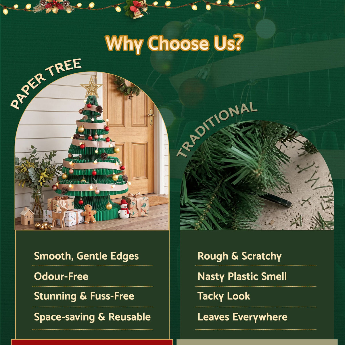 2.8ft 87cm Paper Christmas Tree with Star Topper LEDs Xmas Decorations Kit Green