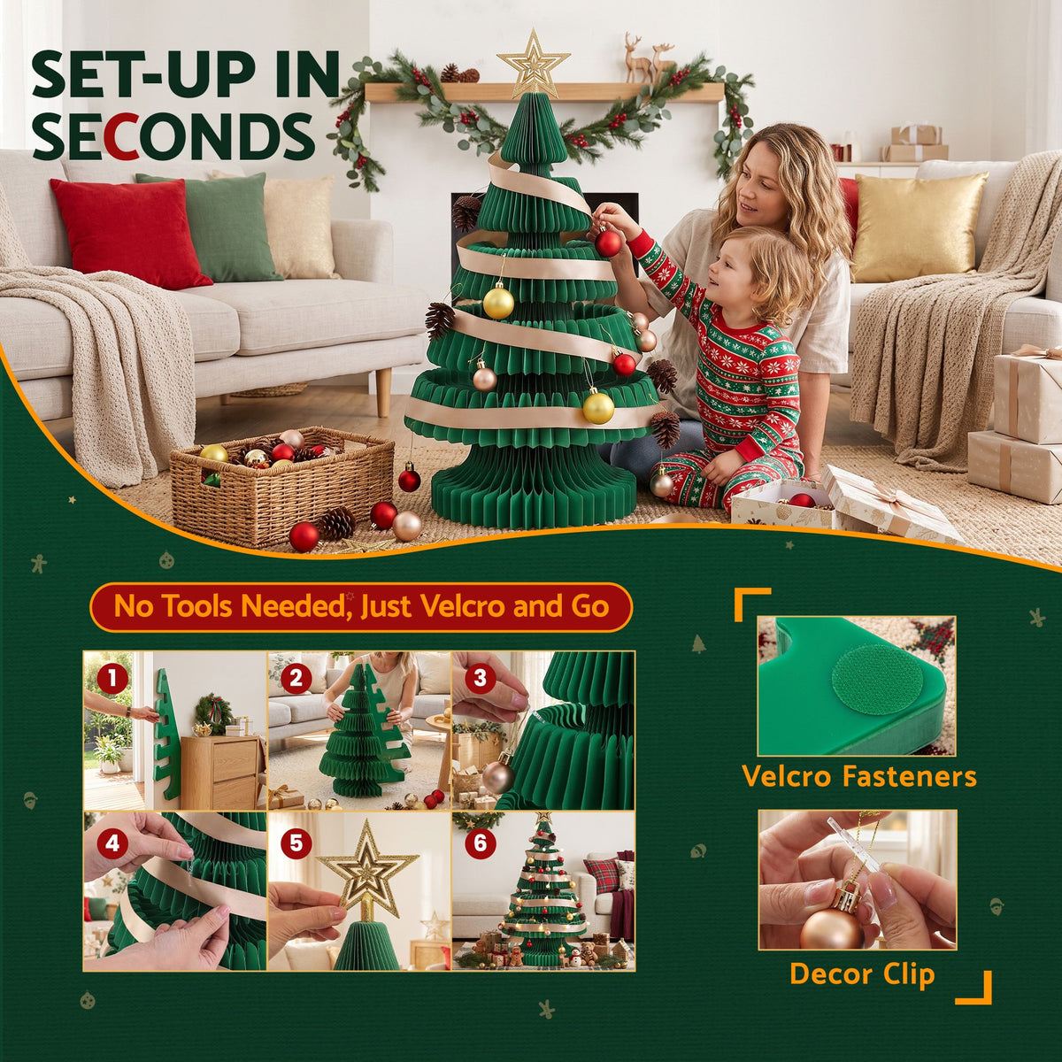 2.8ft 87cm Paper Christmas Tree with Star Topper LEDs Xmas Decorations Kit Green