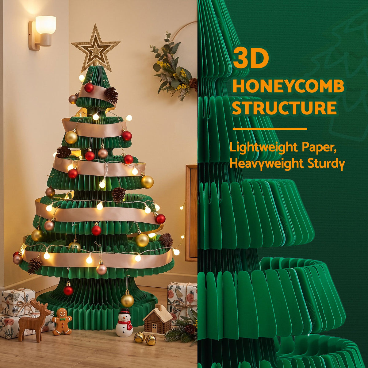 2.8ft 87cm Paper Christmas Tree with Star Topper LEDs Xmas Decorations Kit Green