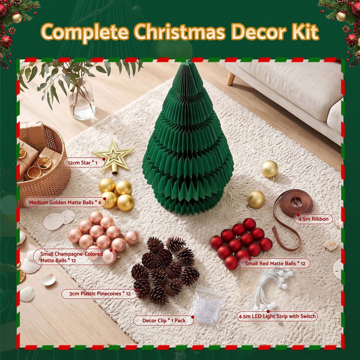 2.8ft 87cm Paper Christmas Tree with Star Topper LEDs Xmas Decorations Kit Green