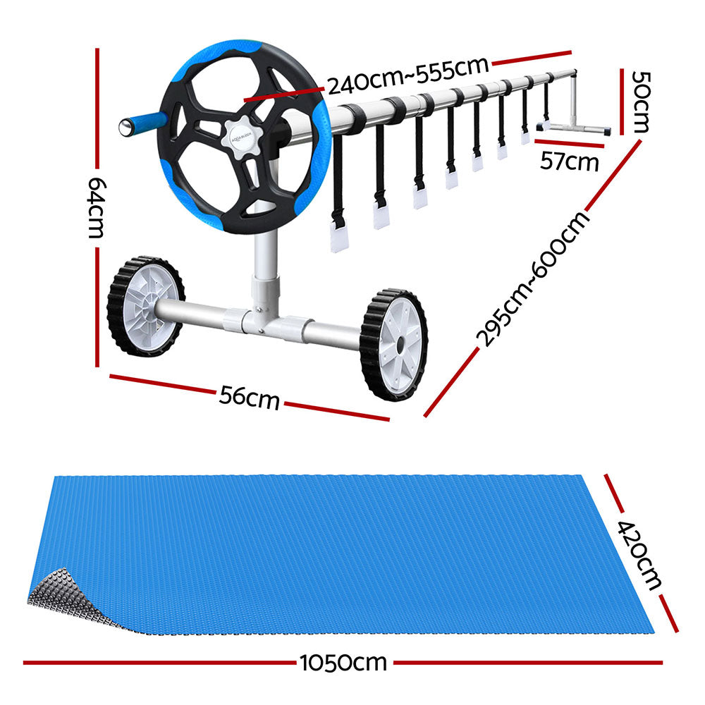 Pool Cover 600 Micron Solar Heat Blanket 10.5x4.2m with 5.55m Roller Blue