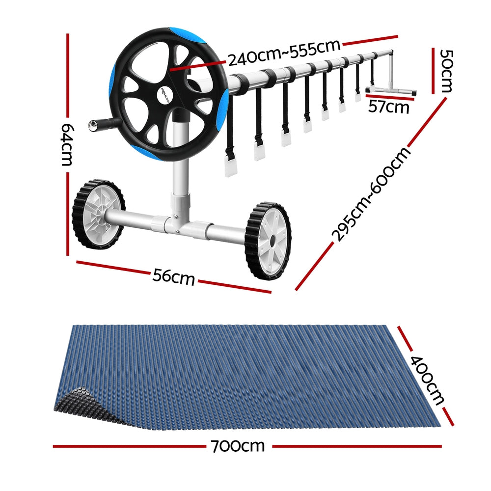 Pool Cover 7x4m 600 Micron with Roller 5.55m Black Solar Blanket