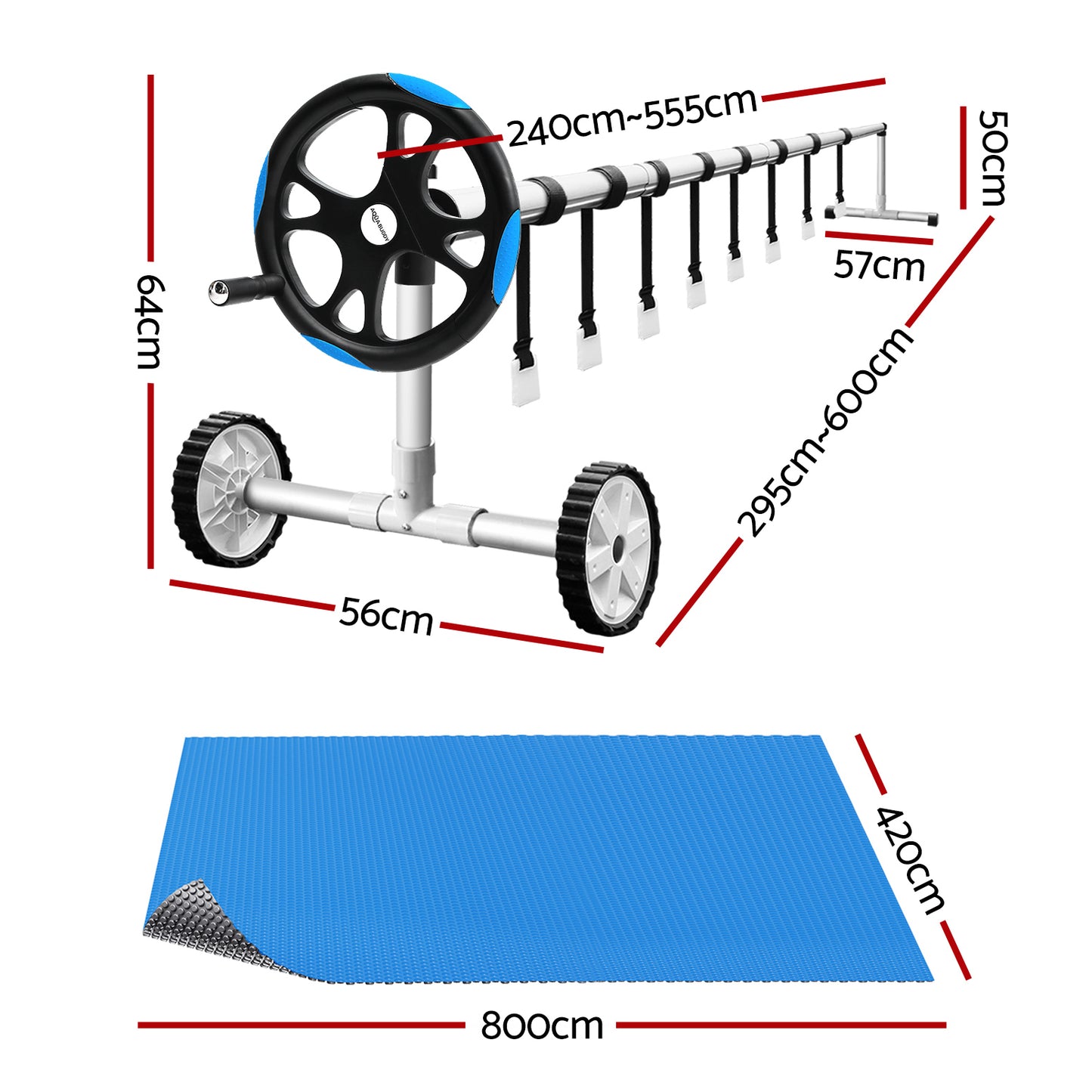 Pool Cover 600 Micron Solar Heat Blanket 8x4.2m with 5.55m Roller Blue