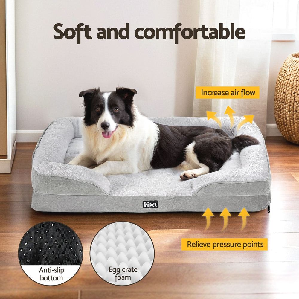 LARGE Dog Beds Pet Calming Soft Cushion Egg Crate Sofa Washable Removable - Grey