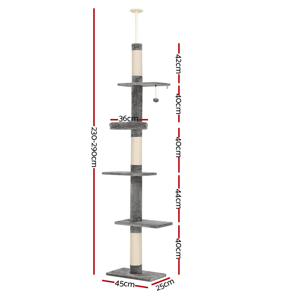 Cat Tree 290cm Tower Scratching Post Scratcher Floor to Ceiling Cats Bed - Grey & White