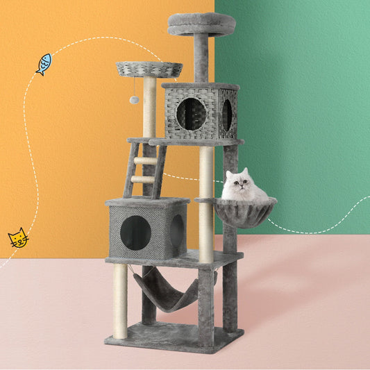 Cat Tree 169cm Tower Scratching Post Scratcher Wood Bed Condo House Rattan Ladder
