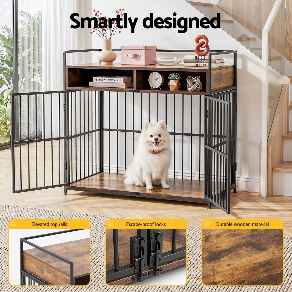 2-in-1 Wooden Dog Crate 104cm Pet Cage Furniture End Table Storage Black
