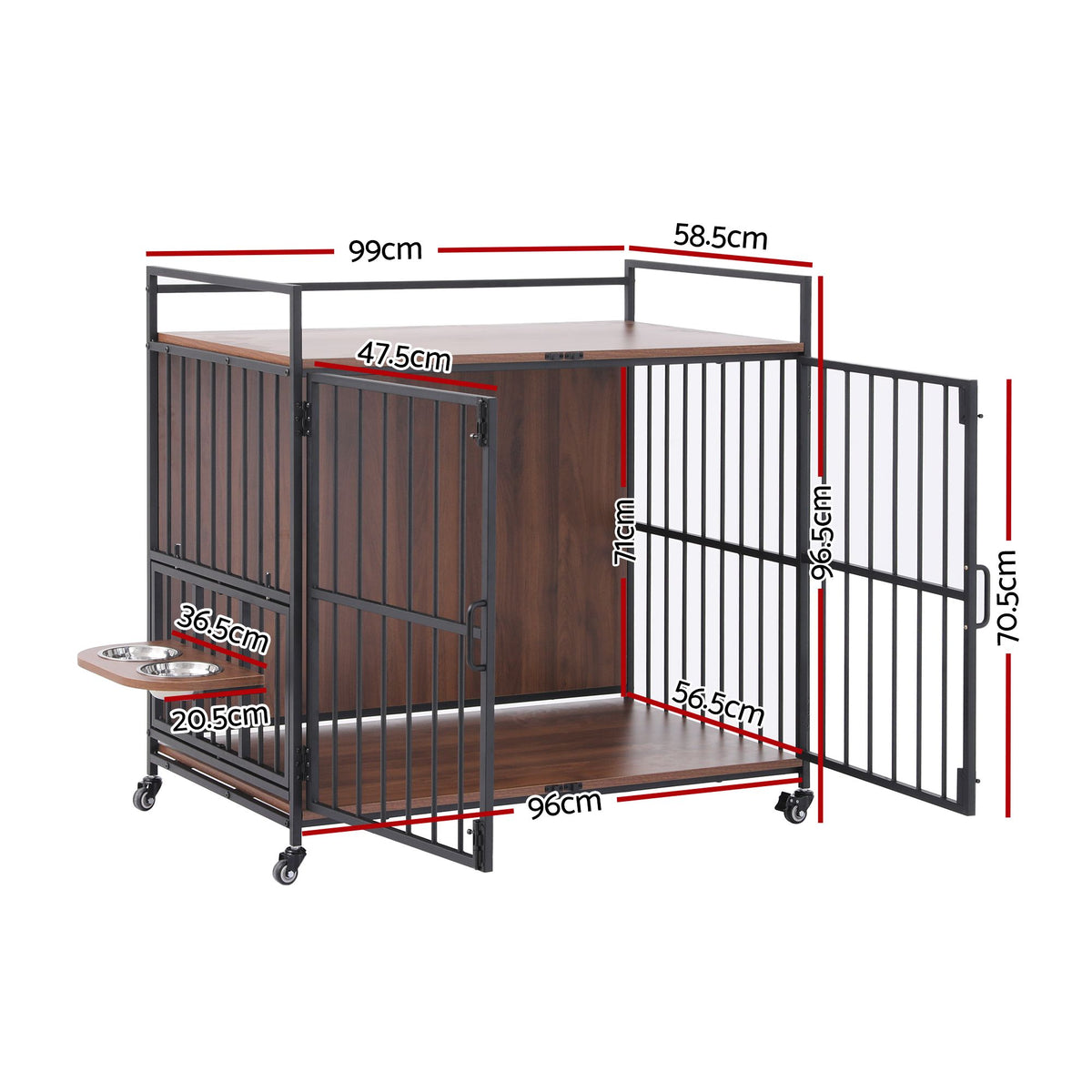 2-in-1 Wooden Dog Crate 99cm Pet Cage Furniture End Table Wheels Black
