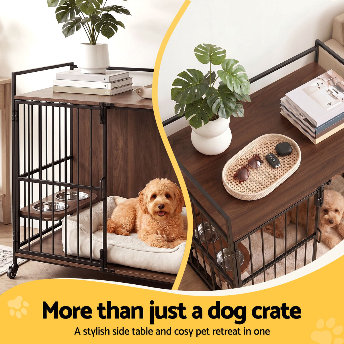 2-in-1 Wooden Dog Crate 99cm Pet Cage Furniture End Table Wheels Black