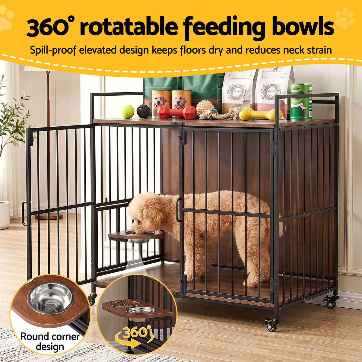 2-in-1 Wooden Dog Crate 99cm Pet Cage Furniture End Table Wheels Black