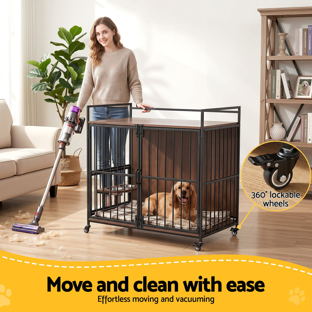 2-in-1 Wooden Dog Crate 99cm Pet Cage Furniture End Table Wheels Black
