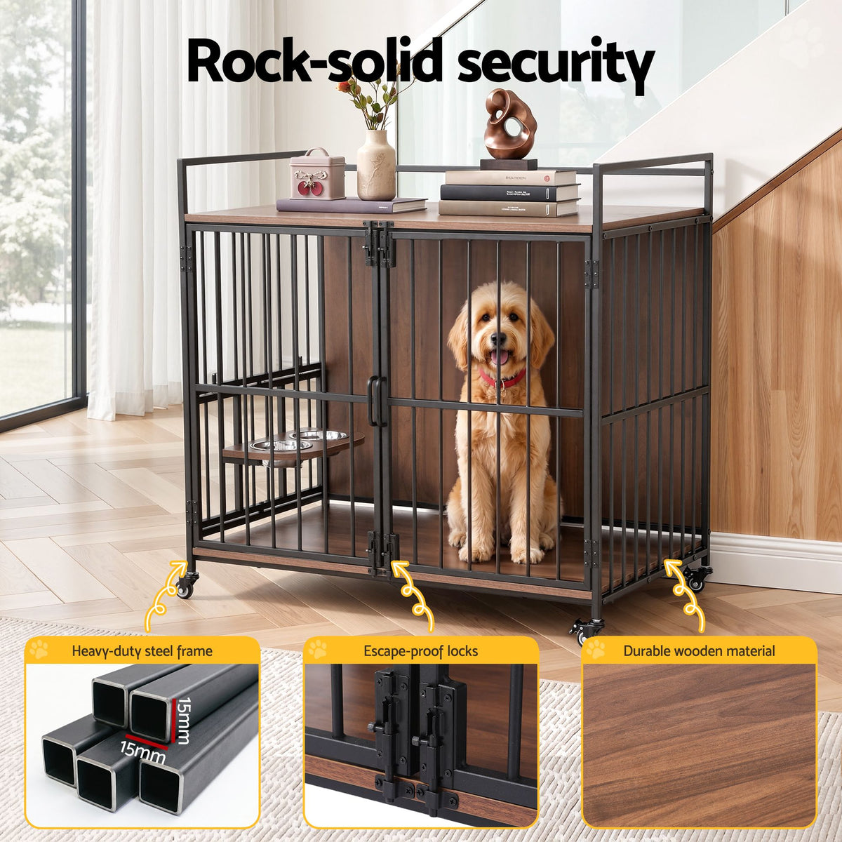 2-in-1 Wooden Dog Crate 99cm Pet Cage Furniture End Table Wheels Black